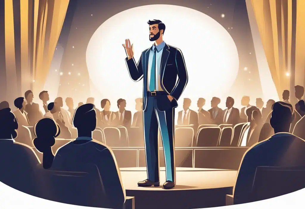 illustration of a man speaking in front of crowd | keynote speaker tips